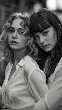 Retrato en blanco y negro de dos mujeres j&oacute;venes abrazadas con camisas blancas, concepto de amistad, elegancia y moda vintage