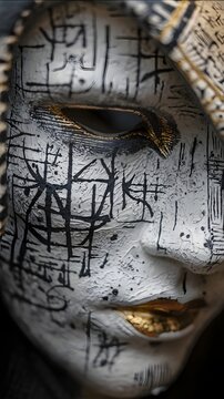 Primer plano de m&aacute;scara veneciana misteriosa con s&iacute;mbolos tallados y detalles dorados