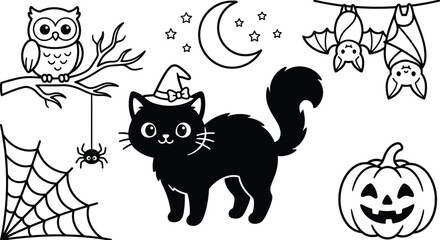Fototapeta premium Cute halloween coloring page featuring a black cat wearing a witch hat, owl, bats, and pumpkin.