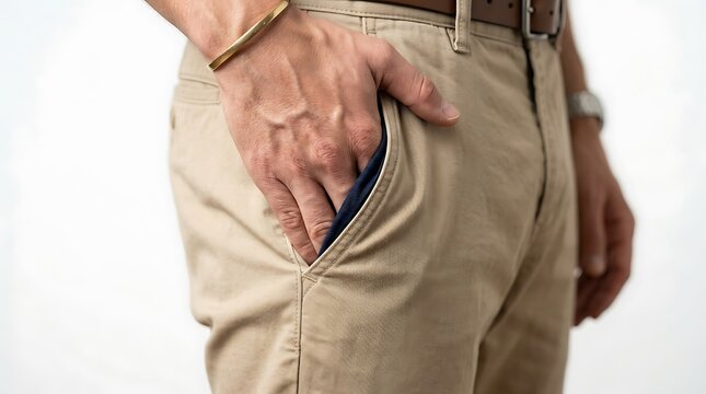 Man's Hand Reaching Into Khaki Pants Pocket Close-up