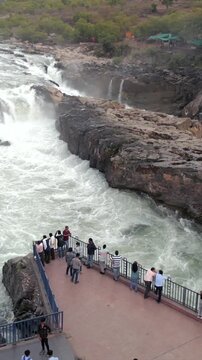 Vertical Aerial View of Dhuandhar Falls, Bhedaghat, Jabalpur, Madhya Pradesh, India
