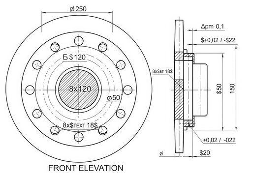 Technical drawing of a mechanical flange with bolt holes isolated on white background