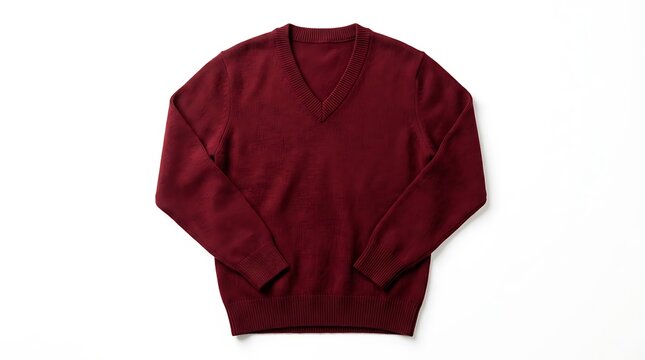 Maroon V-Neck Knitted Sweater With Ribbed Cuffs And Hem On White Background