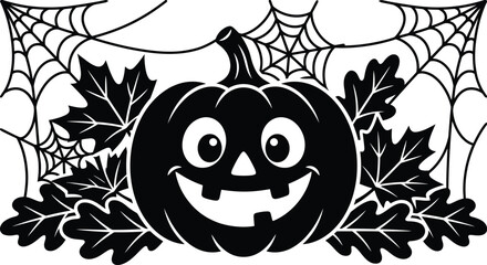 Fototapeta premium A cute halloween pumpkin black silhouette illustration surrounded by autumn leaves and spider webs.