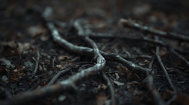 Gnarled tree branches in a dark autumn forest &mdash; part of a folk horror and dark poetry series