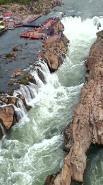 Vertical Aerial View of Dhuandhar Falls, Bhedaghat, Jabalpur, Madhya Pradesh, India