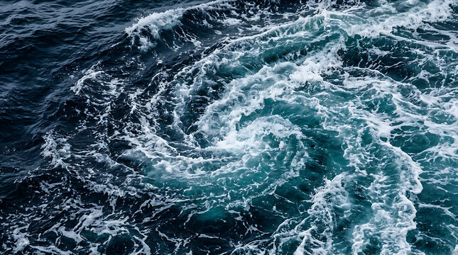 Natural seawater whirlpool spinning in ocean currents showing powerful motion of deep blue liquid energy vortex forming circles within tide patterns during stormy weather conditions in coastal