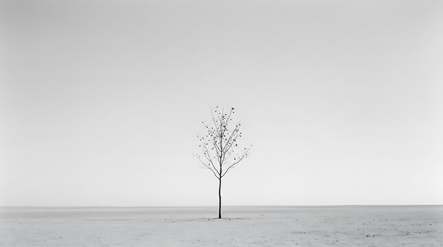Minimalist Black And White Image Of A Small Tree In An Open Field