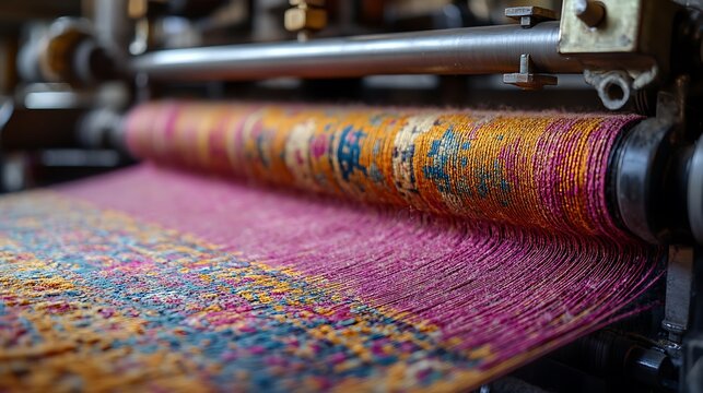 Textile Weaving Machine Producing Colorful Fabric.
