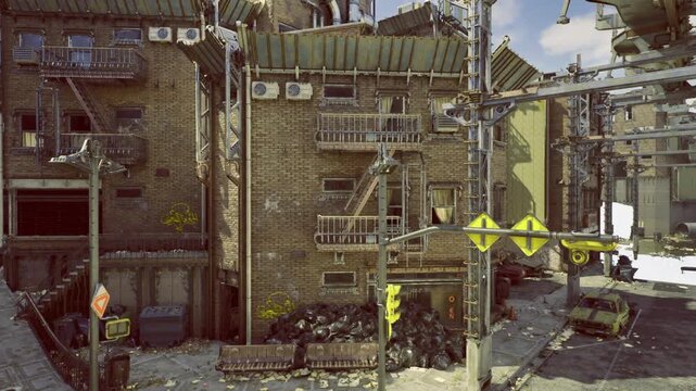 Narrow backlot scene showing balcony, railing and tangled cables, closeup of utility lines and window frames, gritty alley mood with shadowed textures