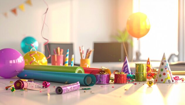 Party supplies set with colorful gift wrapping paper rolls streamers and birthday hats on a table supplies birthday