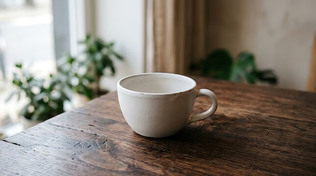 Minimalist Ceramic Mug Resting On A Rustic Wooden Table Next To A Window