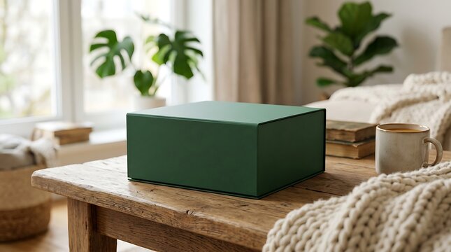 Minimalist Dark Green Box on Rustic Wooden Table with Cozy Blanket and Mug