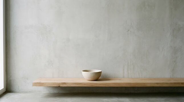 Minimalist Interior Design With A Single Ceramic Bowl On A Wooden Shelf