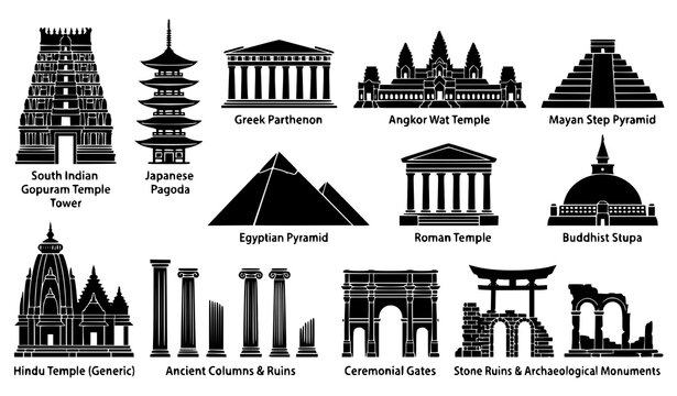 Ancient historical temple silhouette vector set