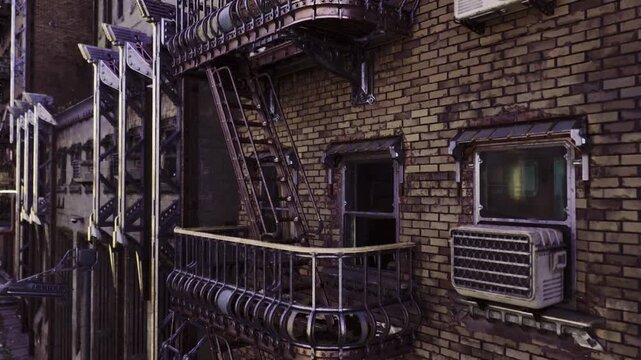narrow gritty backlot with layered stairs and rusted railings, close framing on brick wall and window, moody purpletinged light and textured urban decay