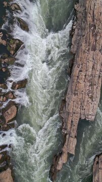 Vertical Aerial View of Dhuandhar Falls, Bhedaghat, Jabalpur, Madhya Pradesh, India