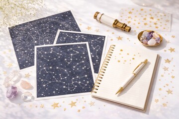 Astrology zodiac star charts with crystals, notebook, and telescope on white background © dvoevnore