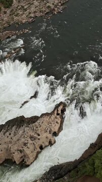 Vertical Aerial View of Dhuandhar Falls, Bhedaghat, Jabalpur, Madhya Pradesh, India