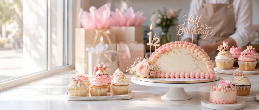 Half birthday celebration cake and cupcakes on a table with a candle near a window