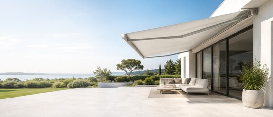 Modern patio with outdoor seating and ocean view under retractable awning © dvoevnore
