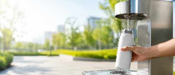 Water bottle refilling at public station on hot summer day, background © dvoevnore