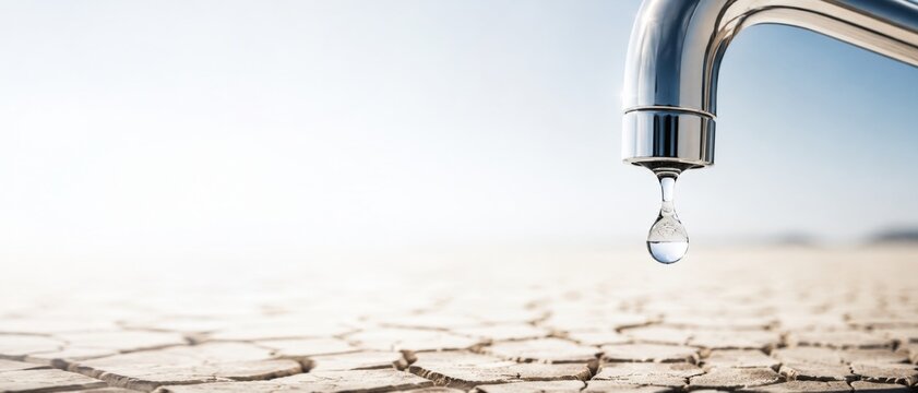 Drought concept with dry cracked land and tap water droplet, background