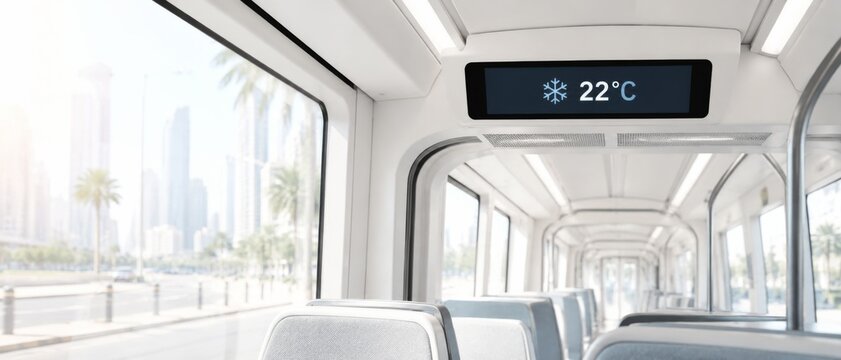 Air-conditioned train interior with cityscape view in sunny summer