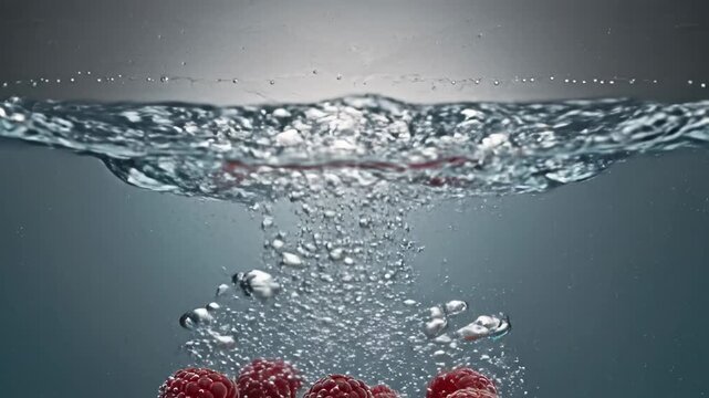 Several ripe raspberries splash into clear water creating a dynamic crown splash and air bubbles, food and drink concept
