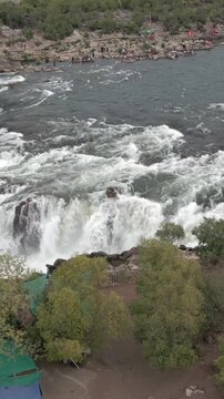 Vertical Aerial View of Dhuandhar Falls, Bhedaghat, Jabalpur, Madhya Pradesh, India