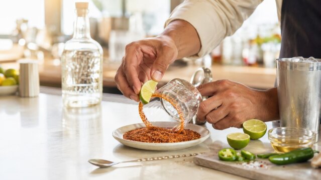 Mixing spicy hot margarita cocktail with tequila and lime garnish