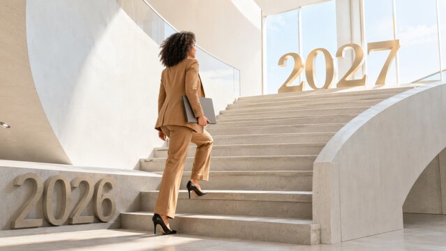 Woman in business attire walking upstairs towards the year 2027 in sunlight