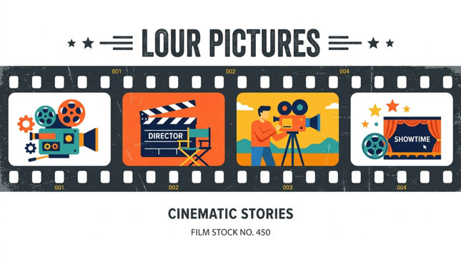 Flat illustration of a vintage film strip showcasing a classic cinema camera, clapperboard, filmmaker, and showtime marquee against a clean, graphic background conveying cinematic stories