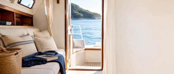Yachting lifestyle on a boat with cozy interior and sea view, background © dvoevnore