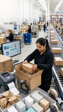 Packaging process in modern warehouse with employees working efficiently