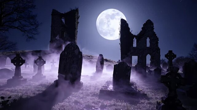 Moonlit Foggy Graveyard at Night with Ancient Ruins - A mysterious graveyard shrouded in fog under a bright full moon. Ancient tombstones and ruined structures create a haunting atmosphere.