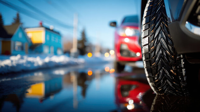 Close-up of car tire reflected in a suburban puddle with melting snow, emphasizing tread pattern, wet traction and routine maintenance checks for winter driving and neighborhood safety