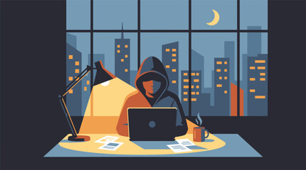 Mysterious Hooded Hacker Working on a Laptop at Night in a Dark Room with an Urban City Skyline View © ANDIKA