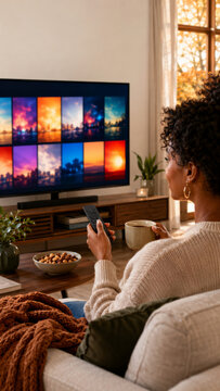 Woman watching TV streaming fall season at home with cozy decor
