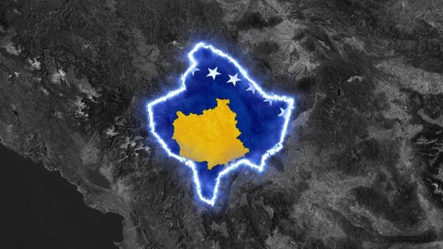 Glowing Kosovo Map Outline and Flag Location Animation