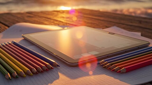 Tablet and colored pencils on a wooden pier at sunset, creative sketching and digital art setup by the sea, warm light and bokeh effects