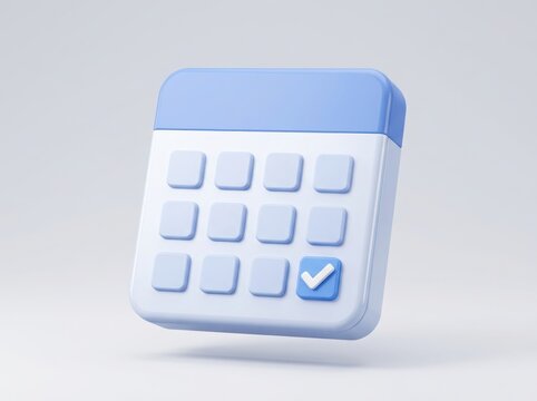 3d blue and white calendar icon with a checkmark symbol representing a scheduled event or finished task date