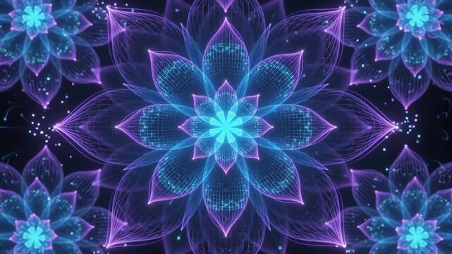 Glowing blue and purple digital particles expanding and blooming into complex geometric flower patterns in a seamless motion loop