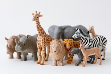 Obraz premium The lineup of toy animal figurines in a bright white studio