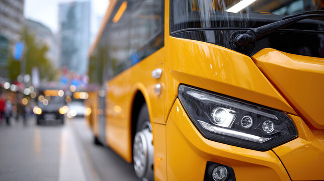Yellow city bus front wheel and headlight closeup background for urban transport banner and public transit design