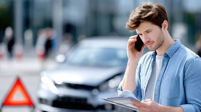 Young driver on phone beside dented car with warning triangle for insurance and roadside assistance banner background