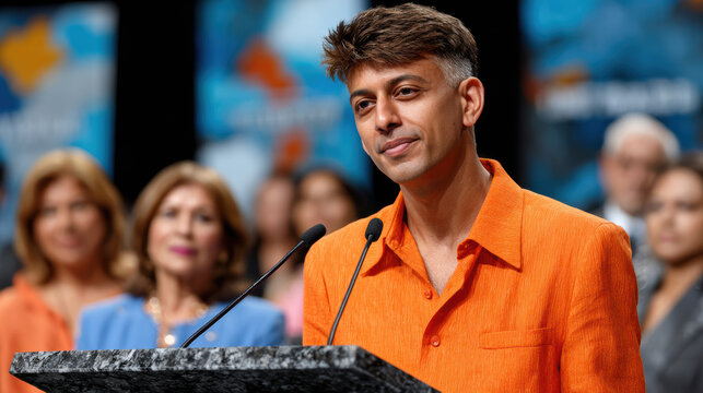Young man speaking at swami vivekananda jayanti observance in orange shirt for event banner and conference background design