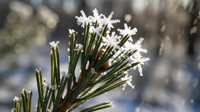 Macro view of delicate ice crystals forming star-shaped snowflakes on a pine needle in bright winter sunlight, sparkling 