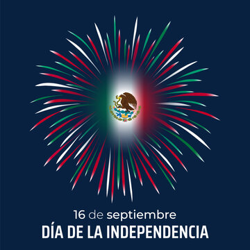 September 16 mexico independence day, mexican colorful fireworks flag, eagle emblem on dark blue. Mexico national holiday. Greeting card. Vector. Translation september 16th, Mexican Independence Day