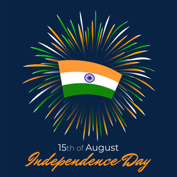 15th of august, india independence day. Indian colorful fireworks flag on blue night sky background. India national holiday august 15. Independence day greeting card. Vector illustration, template